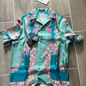 Versace Men's Teal and Pink Baroque Print Shirt